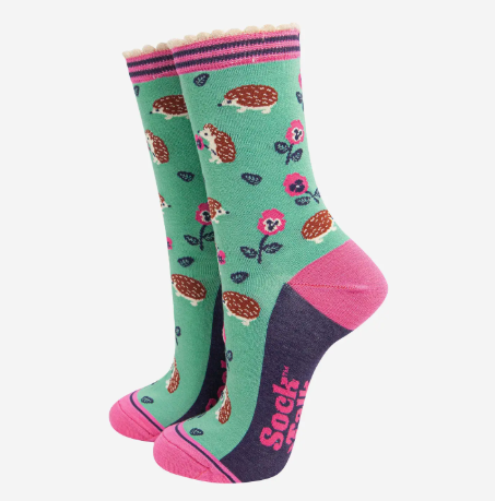 Hedgehog and Pansies Bamboo Socks